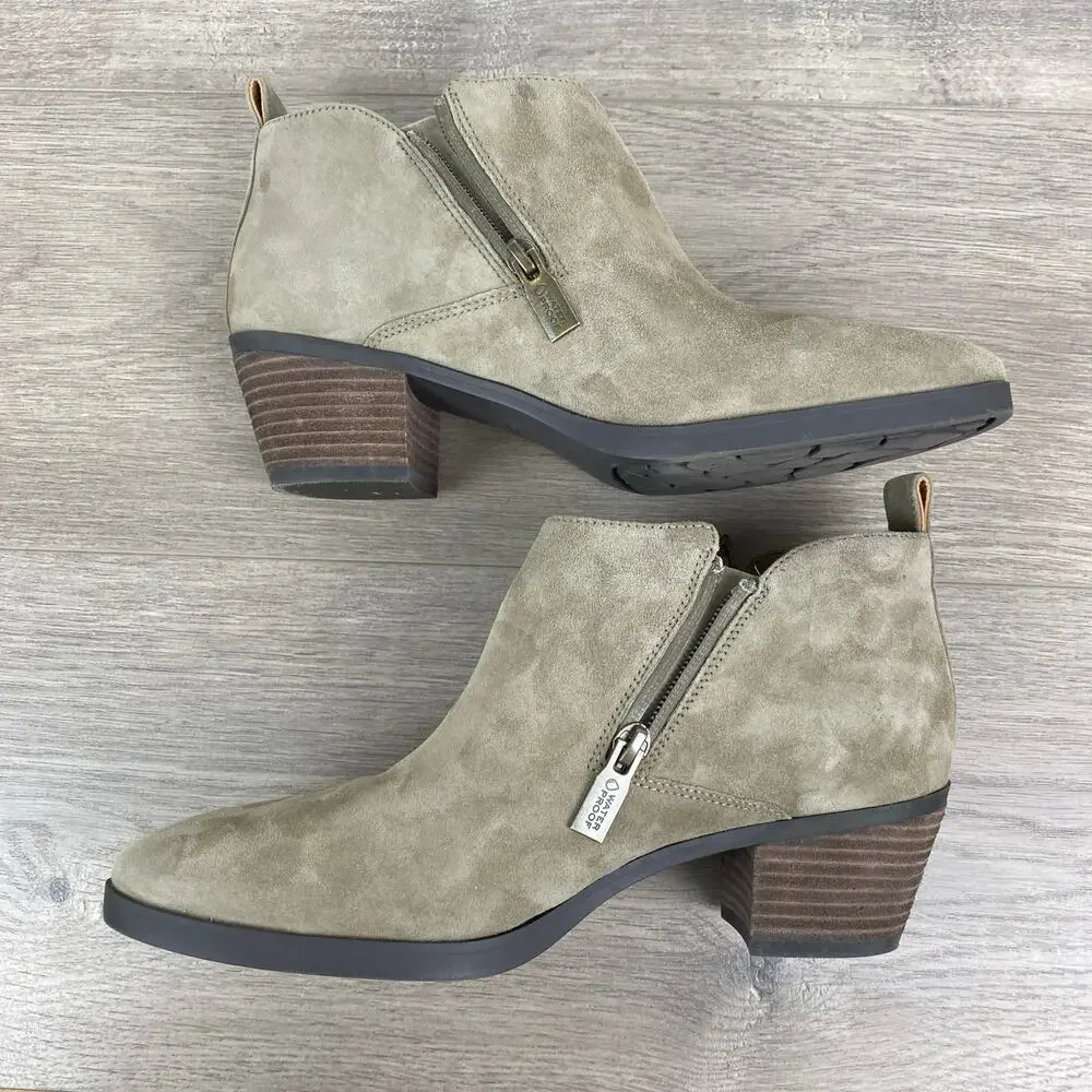 Vionic Stone Tan Gray Suede Cecily Waterproof Block Heel Booties Sz.8.5